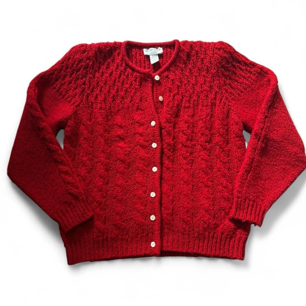 Vintage Dorothy Bullitt Red Cable Knit Cardigan Floral Buttons